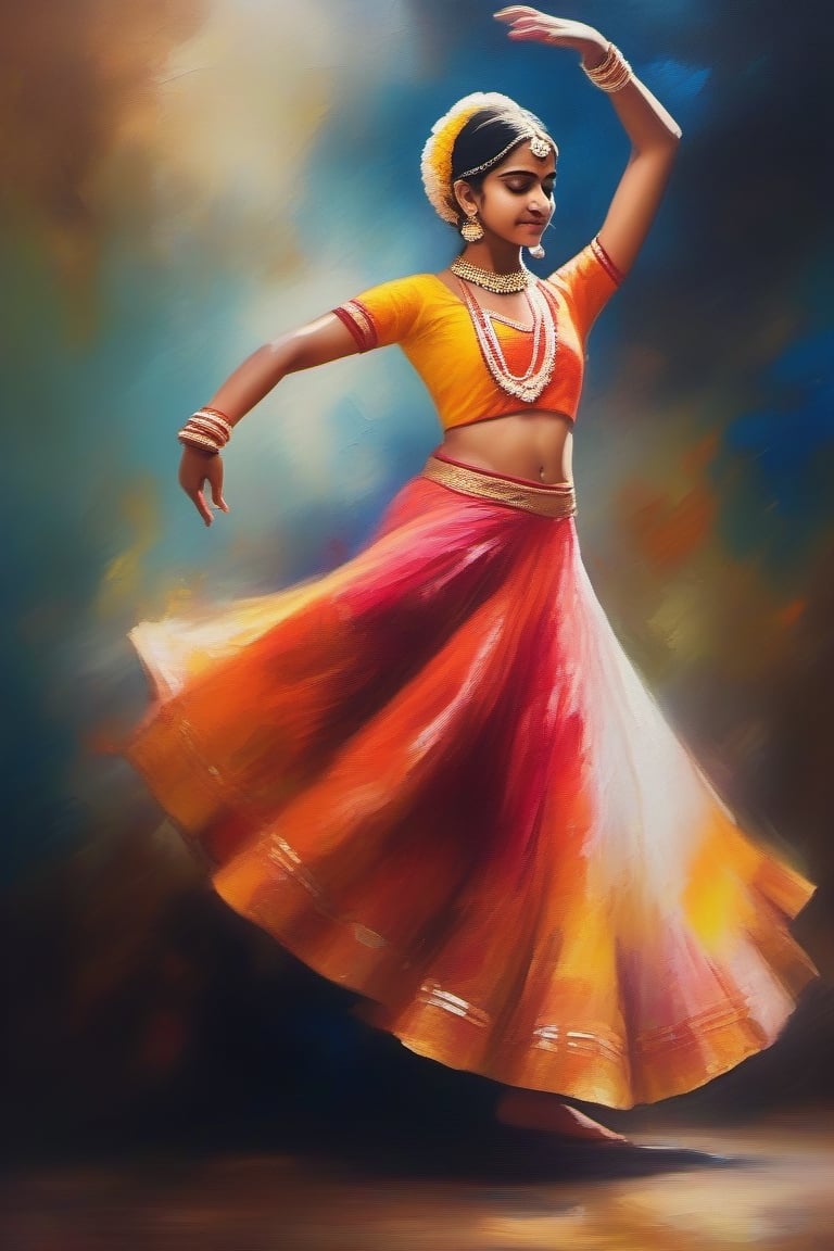 Capture the grace and vibrancy of a teenage Indian classical dancer in the midst of a captivating performance through a mesmerizing oil painting, impressionist, color leak, 4K, cinematic look, HD, detailed, sharp, photorealistic
