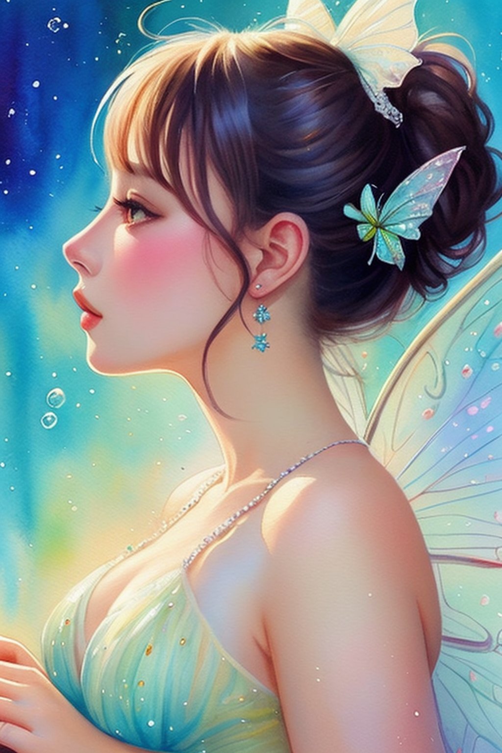 water fairy, bubbles, sparks, beautiful, cute, artwork, digital art, illustration, colorful harmonic, artistic, woman, painting, watercolor, texture, art, profile, drawing, portrait, illustration