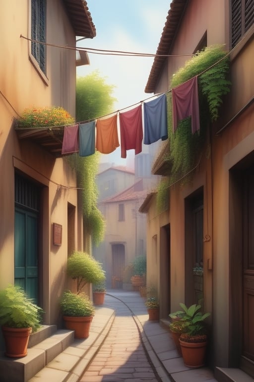 A watercolor painting of an old street with clothes hanging on a line in front of it. The clothes are colorful and varied, and the plants around the street add some greenery to the scene. The painting has a rustic and serene feel with visible brush strrokes and muted tones in 3d, HDR,<lora:659095807385103906:1.0>