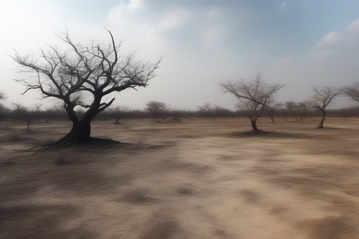 HD  photograph with panoramic view of deserted land in India with lot of big completely dried black trees with only few branches and no leaves, cloudy sky and white soil., 4K, cinematic look, HD, detailed, sharp, photorealistic
