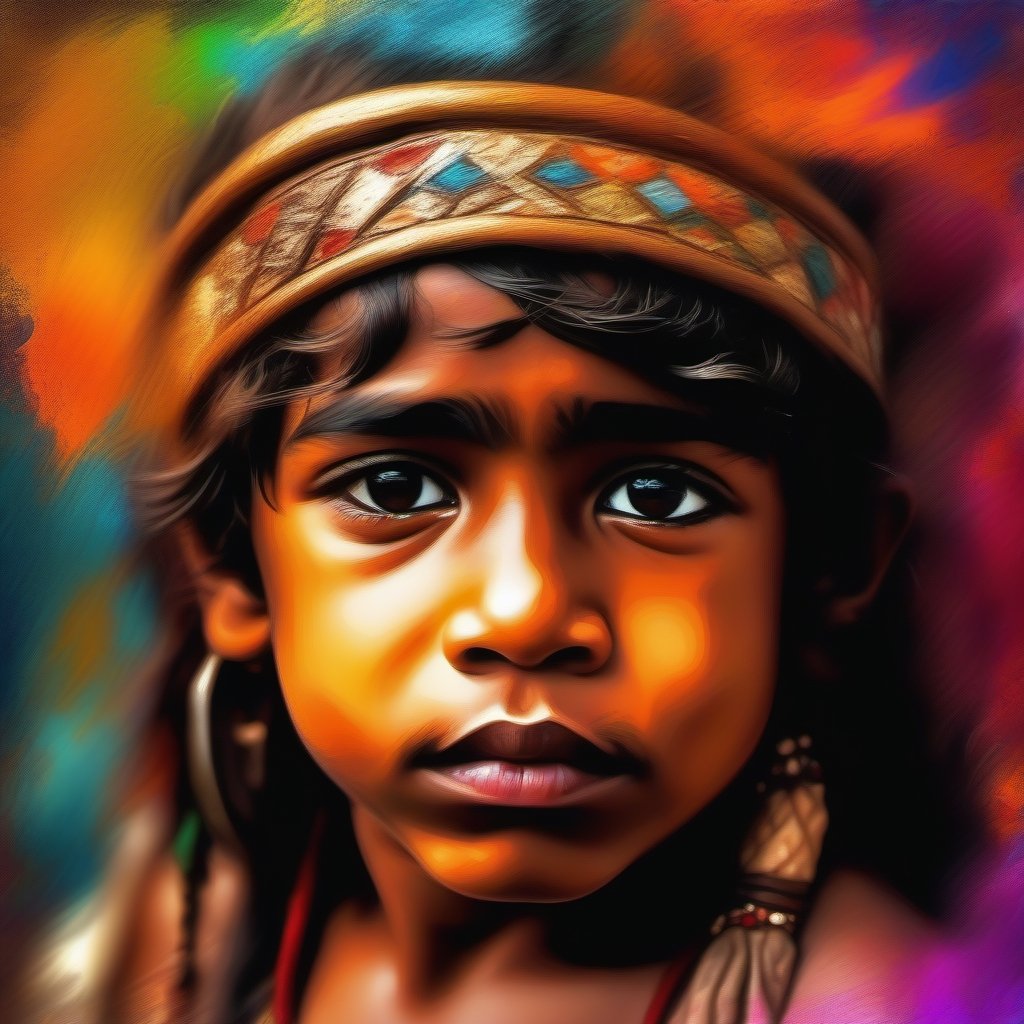 Art nouveau, a very beautiful Indian glamorous tribal boy, color splash and color leaking, impasto painting, 3D, HDR