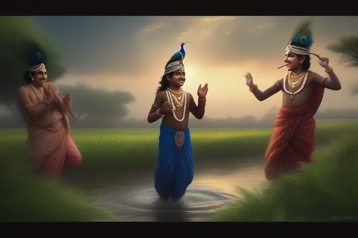 A young lord Krishna, with his dark blue skin and peacock feather crown, is enjoying a playful day with his friends in Mathura. They run and laugh along the banks of the Yamuna river, splashing water at each other and stealing glances at the gopis. The sky is overcast with dark clouds, but the sun occasionally breaks through, creating a mystical atmosphere. The scenery around them is lush and green, with fragrant flowers and ripe fruits. The sound of flutes and drums fills the air, as the villagers celebrate the arrival of the monsoon season. 4K, cinematic look, HD, detailed, sharp, photorealistic
