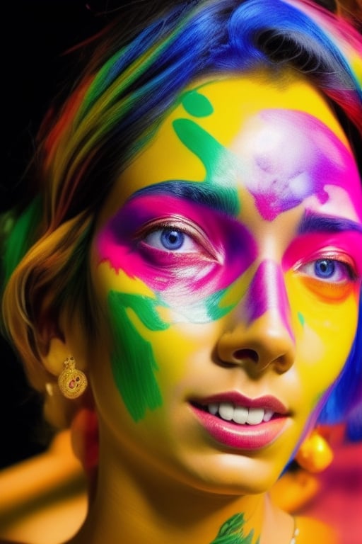 Make painted face of a beautiful young girl with colorful hair portrait, indian look, HD, cinematic look, photographically superp, sharp eyes, back lighted glow