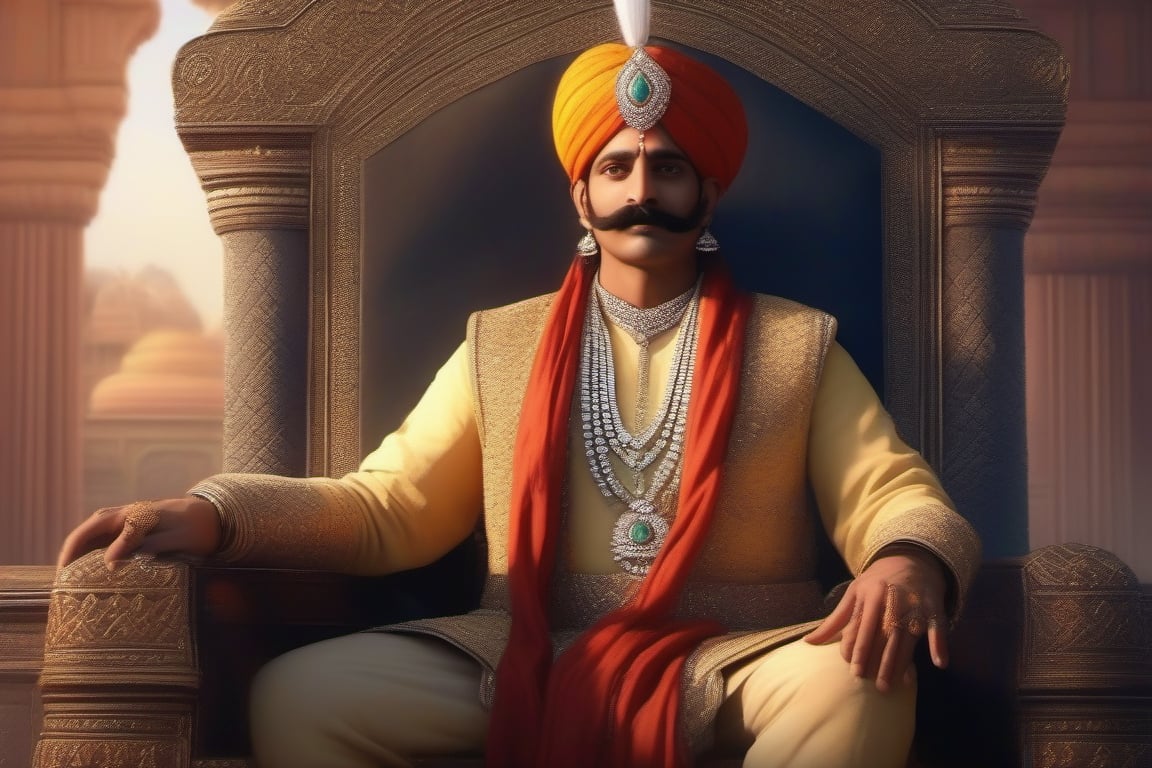 photorealistic image of a royal rajput maharaja sitting on his throne in his palace with a diamond studded sword kept standing leaning on the arm of the throne. Multiple colorful diamomd studded rings in maharajas fingers, dark black hair with multi colored royal pagdi on his head. Moustache with a hint of gray hair, image of rising sun over his throne, ultra realistic depicting Indian royalty, 4K, cinematic look, HD, detailed, sharp, photorealistic
