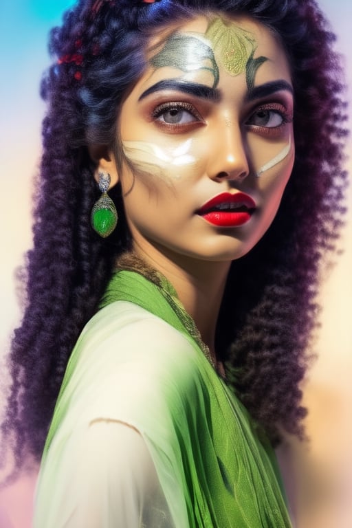 Beautiful young Afghanian Muslim girl with curly hair, colored face, sharp blue eyes, light orange lips, HD quality, high resolution, painted face, one third attractive figure, green n white dupatta, side face, cinematic look, photographic quality, tatoo on face