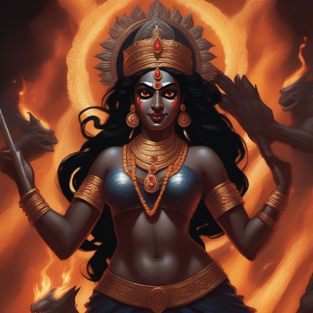 Against a backdrop of dark night, from which erupts a stream of fiery lava, stands a statue of the Indian goddess Kali. Her dark skin gleams in the light of the blazing flames, her expression fierce and wise. In her eight arms, she wields weapons and symbols, each embodying power and wisdom. A crown of skulls and feathers adorns her head, while her hair is entwined with hissing, menacing snakes. Around her neck hangs a necklace of severed demon heads, and a belt of snake skin coils around her waist. The gaze of the goddess Kali is brimming with indescribable strength and prowess, her feet planted upon the corpses of fallen foes.
