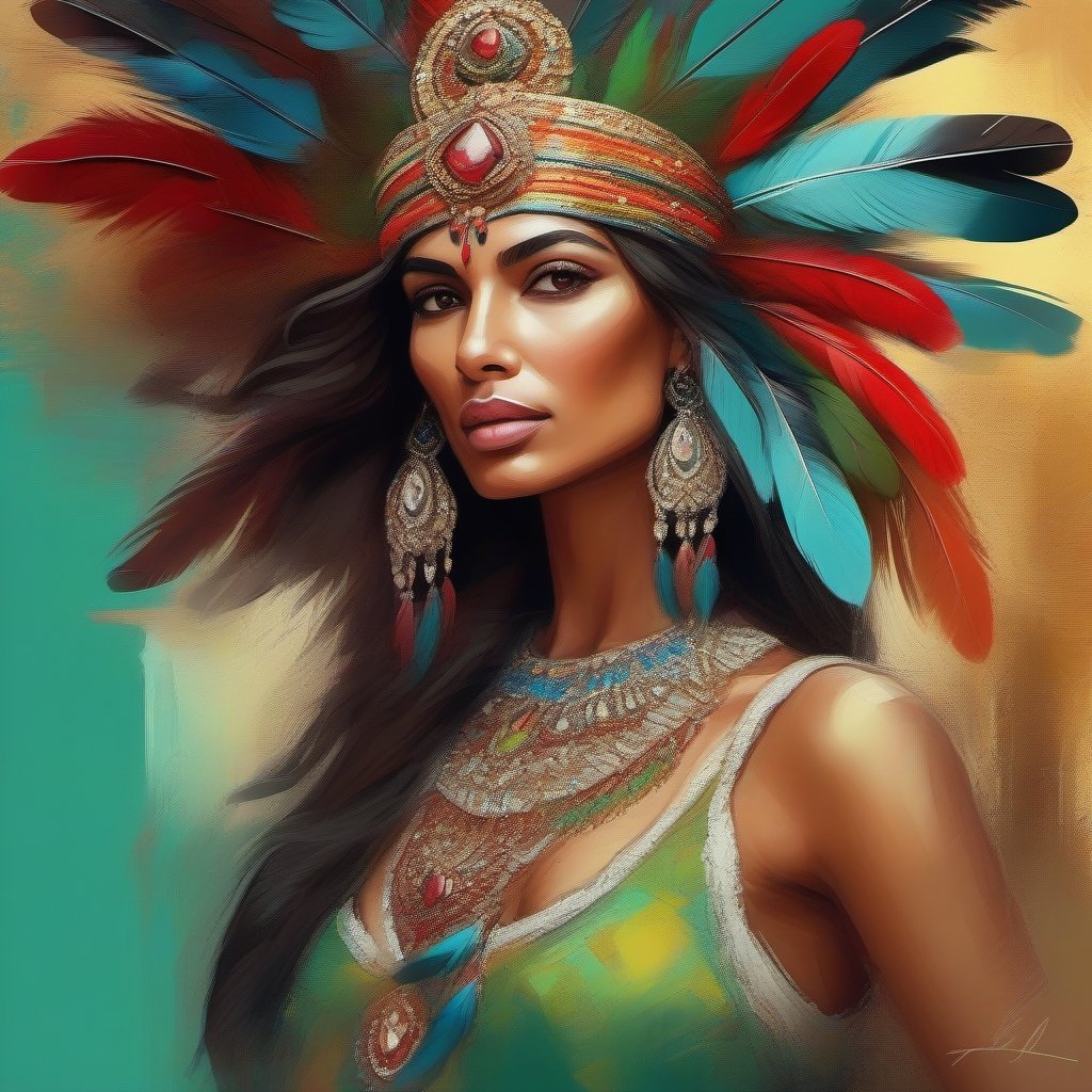 digital impasto paint n  illustration of a fashionably dressed Indian wearing an ornate hat adorned with colorful feathers and  gems, the background has a cracked, abstract textures with shades of red and cyan, creating a sunlit effect behind her. The woman has striking green eyes, full lips, adorned with intricate jewelry and detailed, stylized dress, the image is in 3D, hyper detailed, 16K, super sharp, background of color splash
