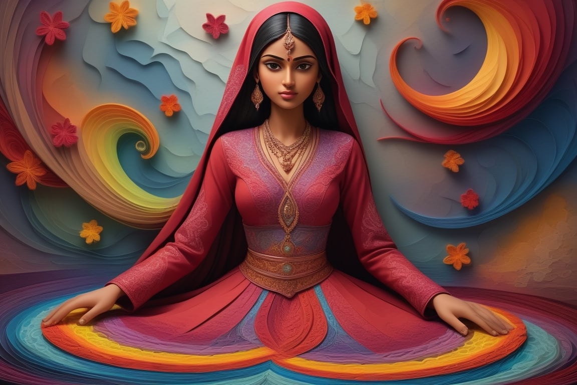 Fractal desing, paper layering and quilling techniques, beautiful anglo indian woman, coverred in Muslim clothes and tranformed into flowing streams of batik and colorful shapes, antomical correct, hyperdetailed, hyperrealistic, hdr, 3d, sharp, HDR, one third figure,<lora:659095807385103906:1.0>