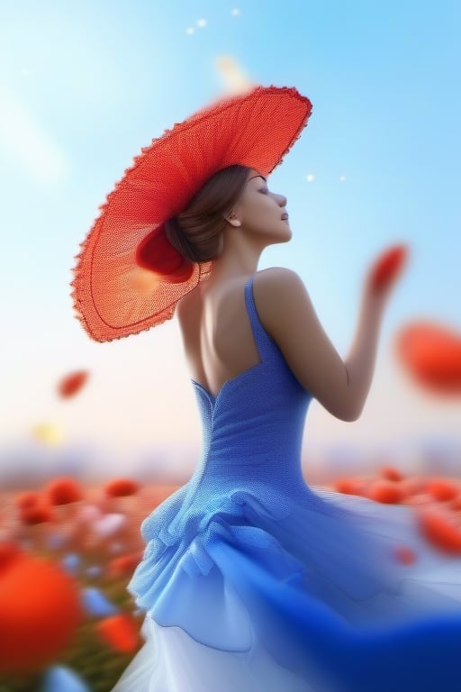 blue, red, white and orange bonnet in full bloom, petals are dancing in the wind, petals gradually transform into a woman dancing in the air and woman's dress, close up, a fantabulous sight, bokeh, hyper realistic HD, 3D, photorealistic