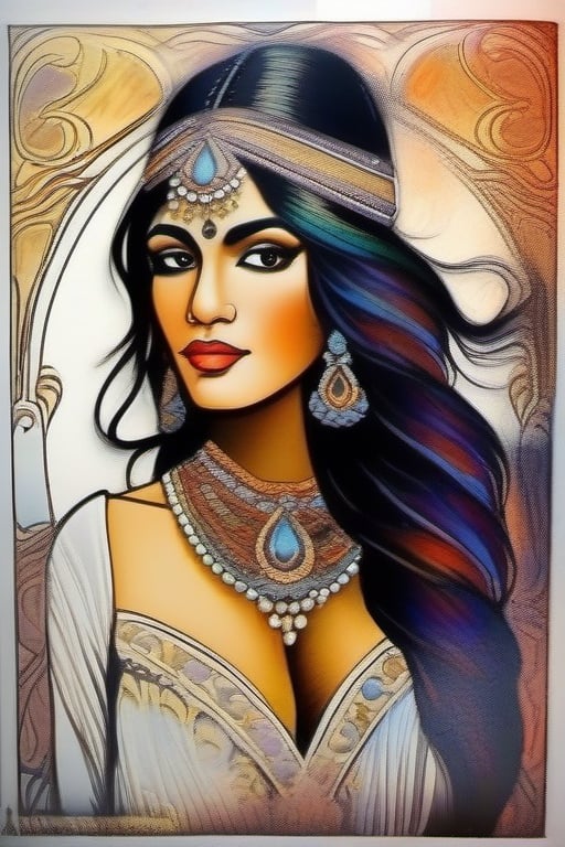 Art nouveau, a very beautiful Indian glamorous girl, alcoholic ink, color splash and impasto painting