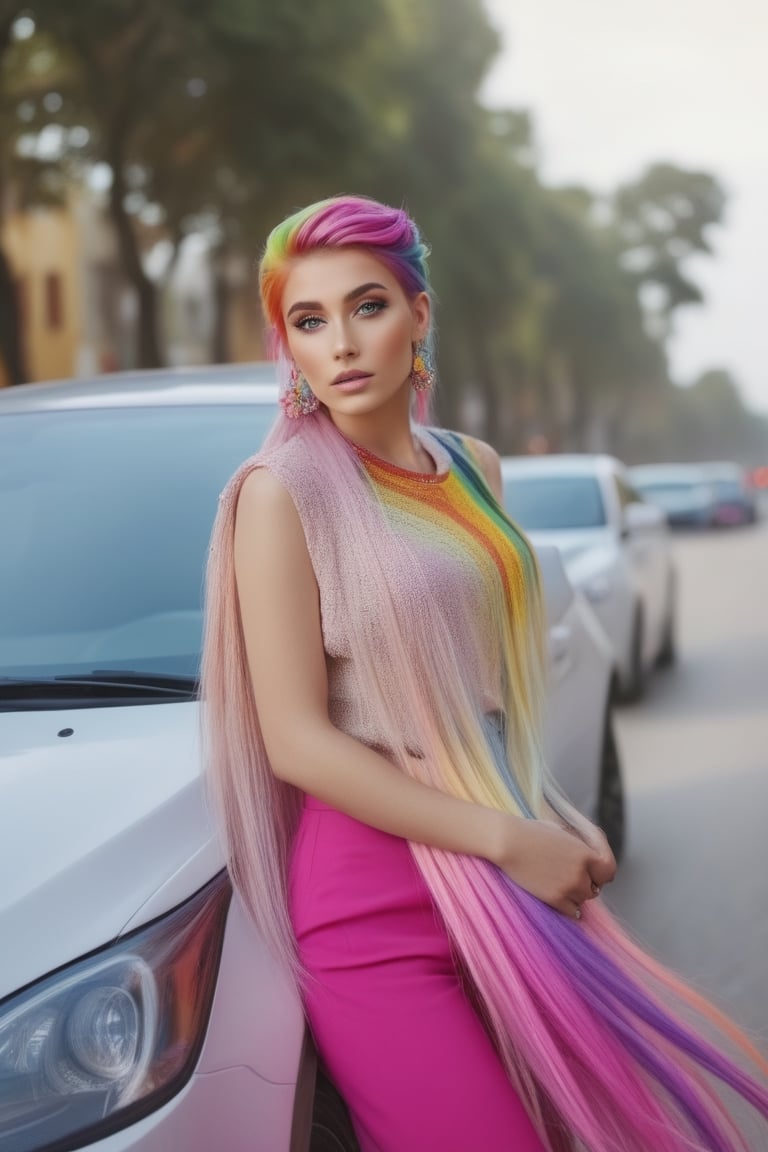 Beautiful portrait, hyperrealistic model with colorful hair and a rainbow, 4k, HD, super detailed, extra sharp, beautiful eyes