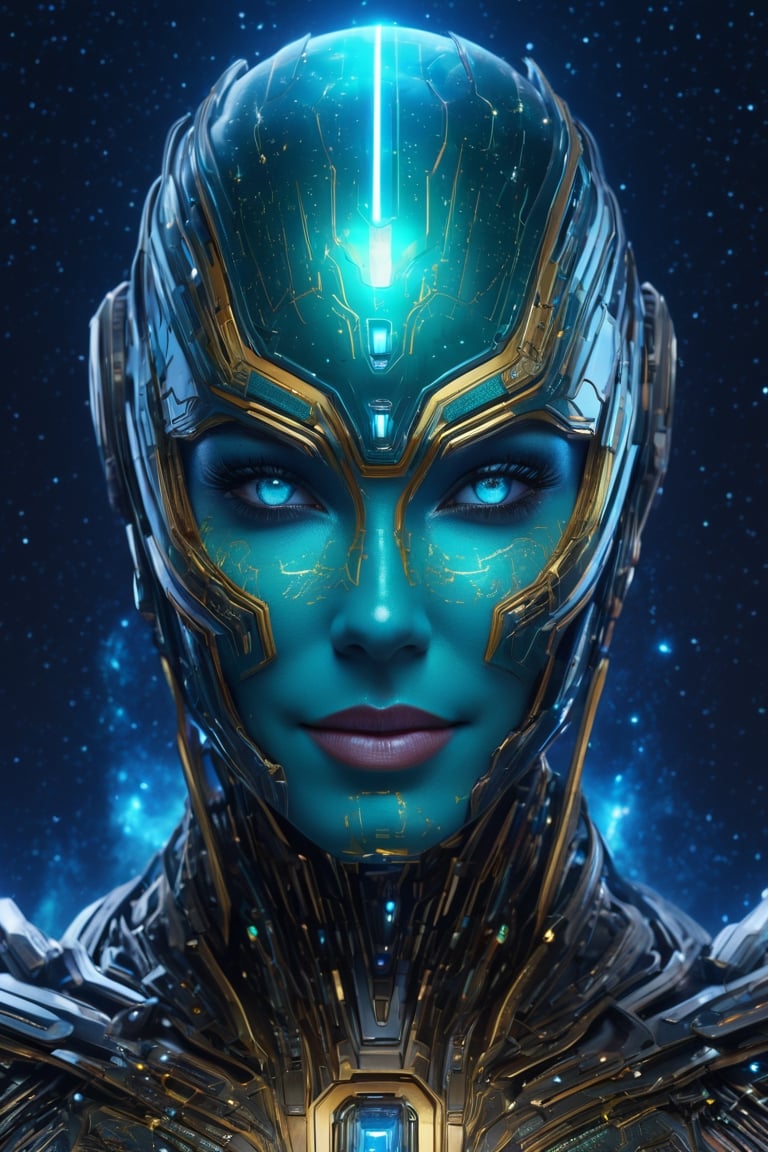 impossibly beautiful portrait of nebula (Guardian of the galaxy) in which the Irish is made of an thin arrangement of strands of metal, nanotechnology, which forms a high-tech electronic circuit, and the head is made of a robotic sensor, teal and gold, insane smile, intricate complexity, surreal horror, inverted neon rainbow drip paint, trending on art station, photoreal, 8 k, octane render by greg , starry night background, rutkowski,cyborg style, fantasy look, photognic n cinematic look, 4K HD