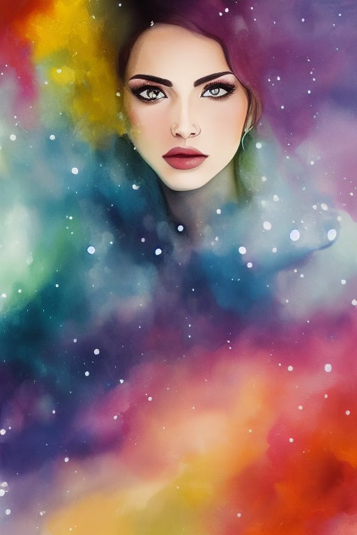 Colorful beautiful woman, a woman 18-years old, multiple colors messy hair, watercolor, nice perfect face, multiple colors, intricate detail, splash screen, 8k resolution, masterpiece, cute face, art station digital painting smooth very black ink flow, 8k resolution photorealistic masterpiece, intricately detailed fluid gouache painting, calligraphy, acrylic, watercolor art, professional photography, natural lighting, volumetric lighting maximalist, complex, elegant, expansive, fantastical, inkling girl, oval face, sharp eyes, curli thick hair