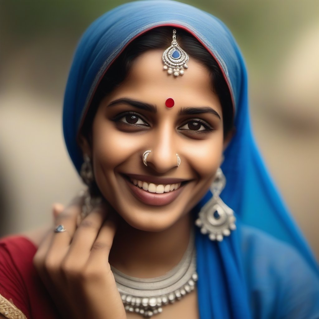 A beautiful Indian woman wearing a blue headscarf, a red nose ring, and silver jewelry smiles shyly. [portrait, photorealistic, soft focus, warm colors], 16K, hyper photorealistic, sharp in all respect
