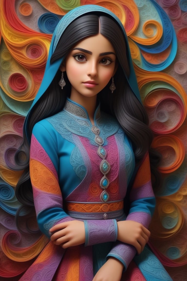 Fractal desing, paper layering and quilling techniques, beautiful Iranian 16 years girl, coverred in Muslim clothes and tranformed into flowing streams of batik and colorful shapes, antomical correct, hyperdetailed, hyperrealistic, hdr, 3d, sharp, HDR, ,<lora:659095807385103906:1.0>