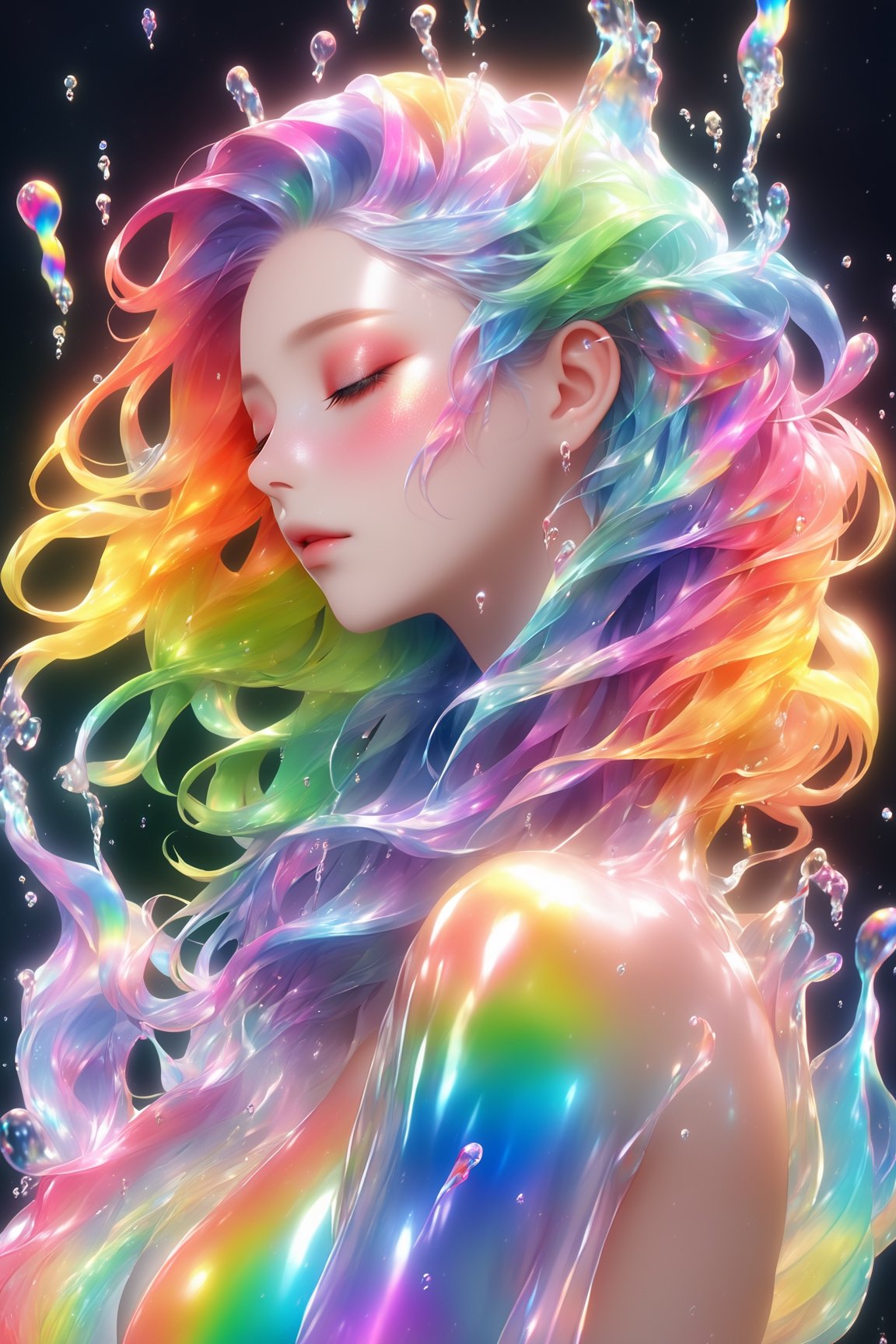 (masterpiece, best quality, anime), beautiful woman, upper body shot, eyes closed, rainbow water, rainbow hair, rainbow body, rainbow transparent coat, Xxmix_Catecat,3d style,EpicSky