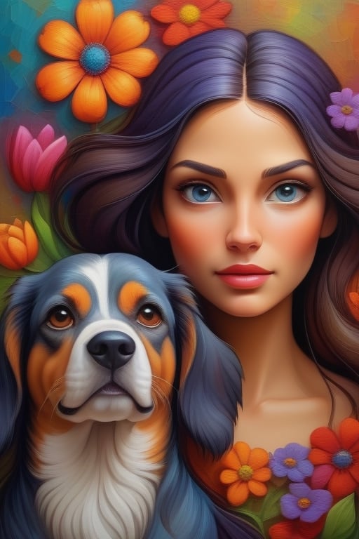 Create an image of a dog and a woman face with long hair, masterpiece, top quality, extremely detailed, colorful vibrant color, flowers, in the sytle of colored zentagnel and filigrees highest detailed abstract background, impasto paint. 3D, HDR, impressionist style,<lora:659095807385103906:1.0>