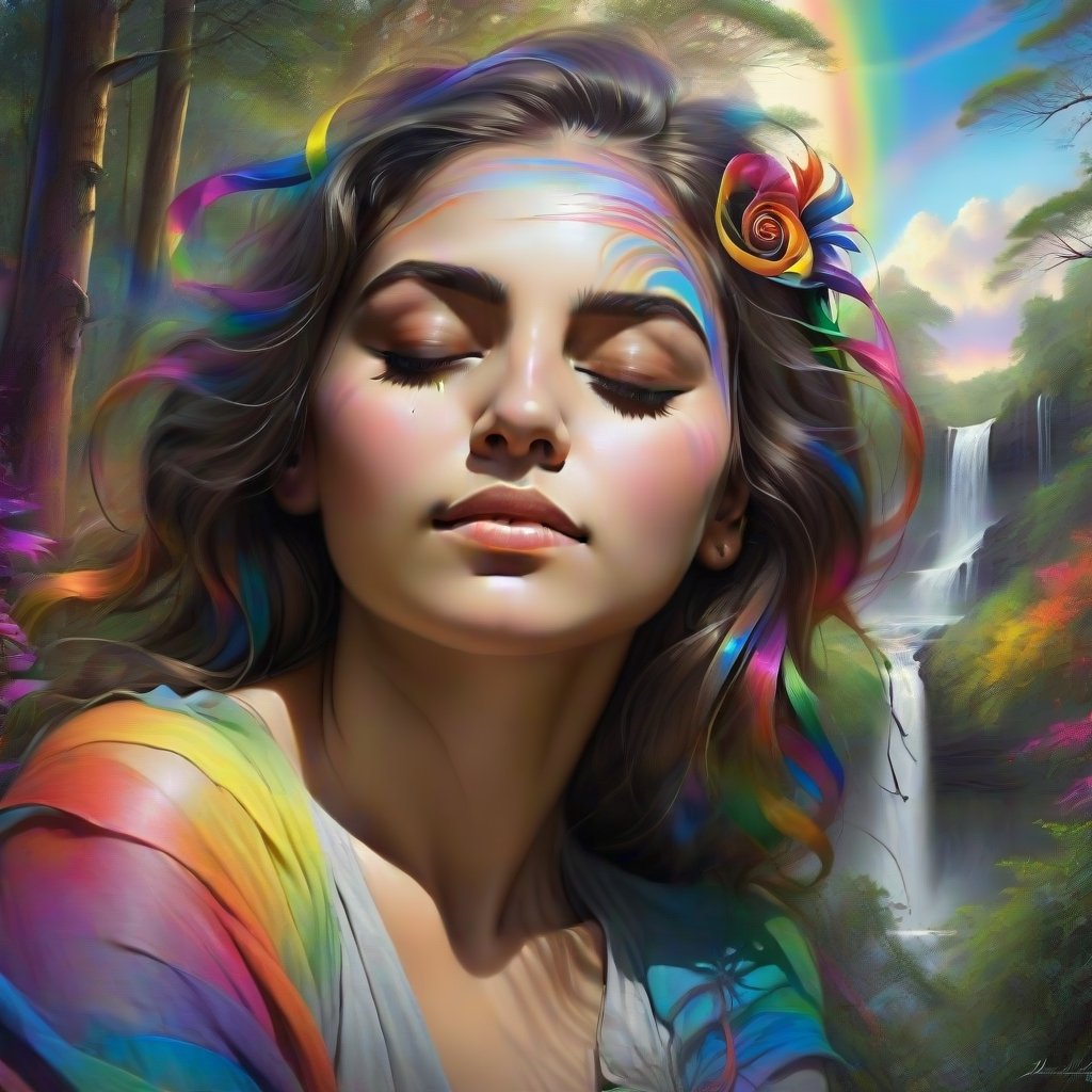 surrealistic artwork featuring a serene woman's face with closed eyes, seamlessly blended in to a lush forest landscape, VIVID, RAINBOW COLORED SPIRALS ADORN her face, a radiant, fan like spread of color  forms backdrop, revealing structures and CASCADING WATERFALL, SET AGAINST a vibrant sky transitioning from sunrise to night, the entire scene is framed by over hanging branches, 3D, hyper realistic and sharp, heavily detailed.
,charcoal \(medium\)