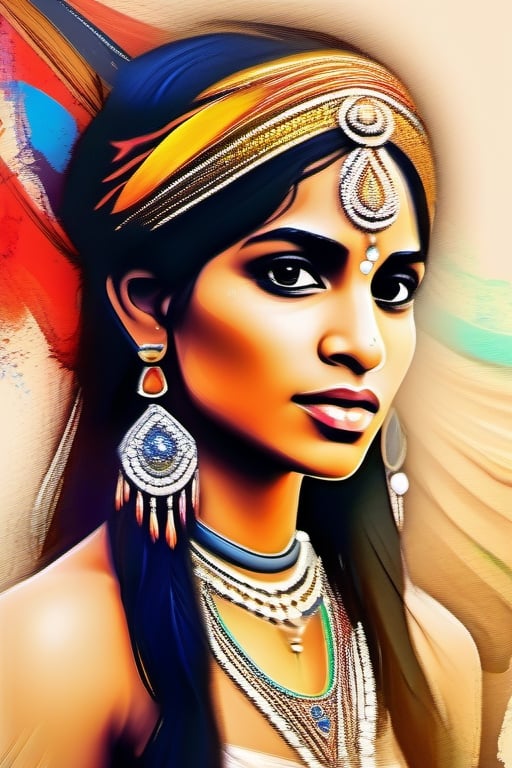 Art nouveau, a very beautiful Indian glamorous tribal girl, color splash and color leaking, impasto painting background, 3D, HDR