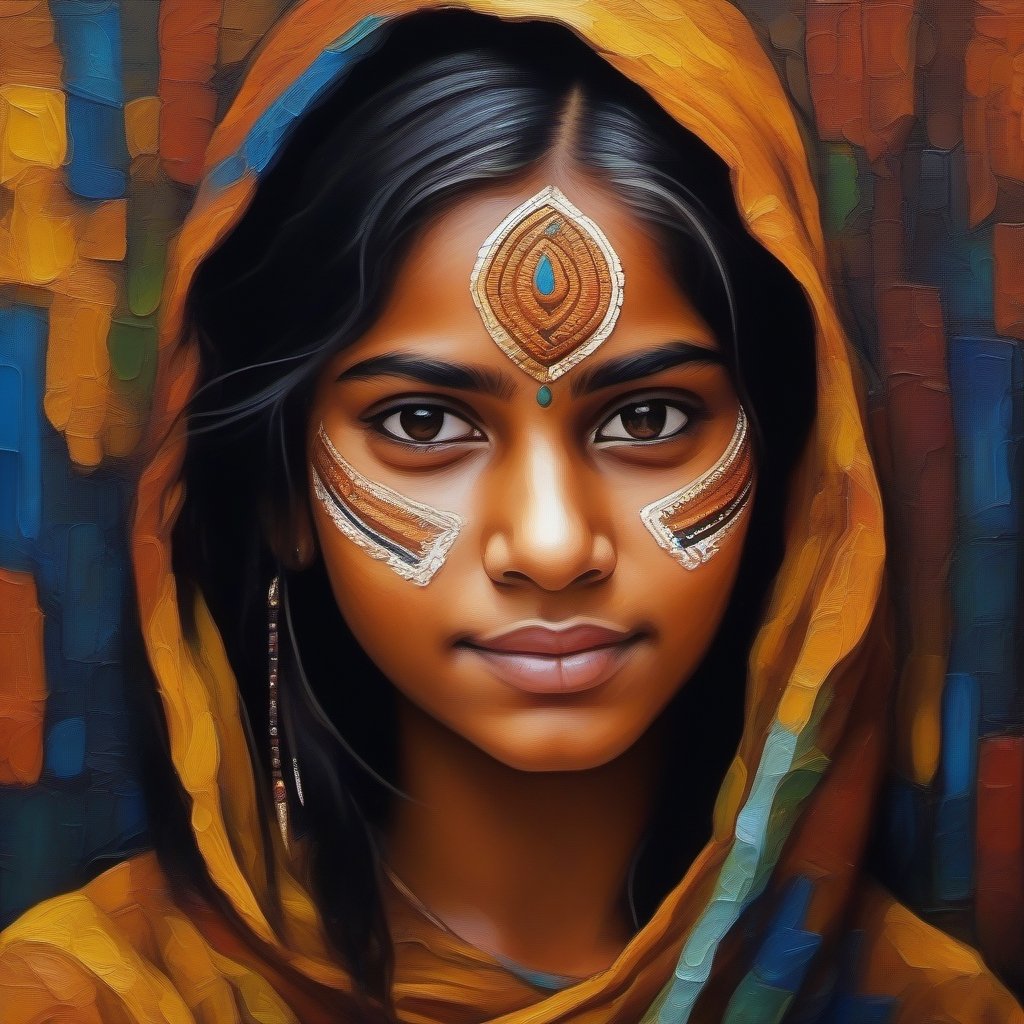 Share an image with abstract shapes or patterns, like modern abstract art in 3D, 16K, sharp and highly detailed close up of a Indian 16 year old girl, girl face painted impasto
