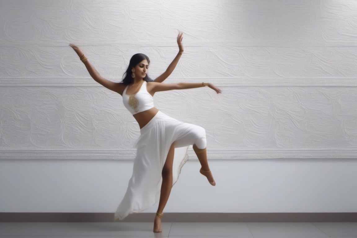 artistic bright white wall, akin to a perfectly smooth 10'X10' wall of paper full of sensual Indian female Dance poses full body wall , 4K, cinematic look, HD, detailed, sharp, photorealistic
