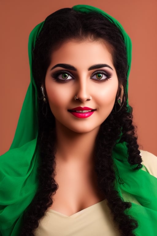 Beautiful young Afghanian Muslim girl with curly hair, colored face, sharp blue eyes, light orange lips, HD quality, high resolution, painted face, one third attractive figure, green n white dupatta, side face, cinematic look, photographic quality, tatoo on face