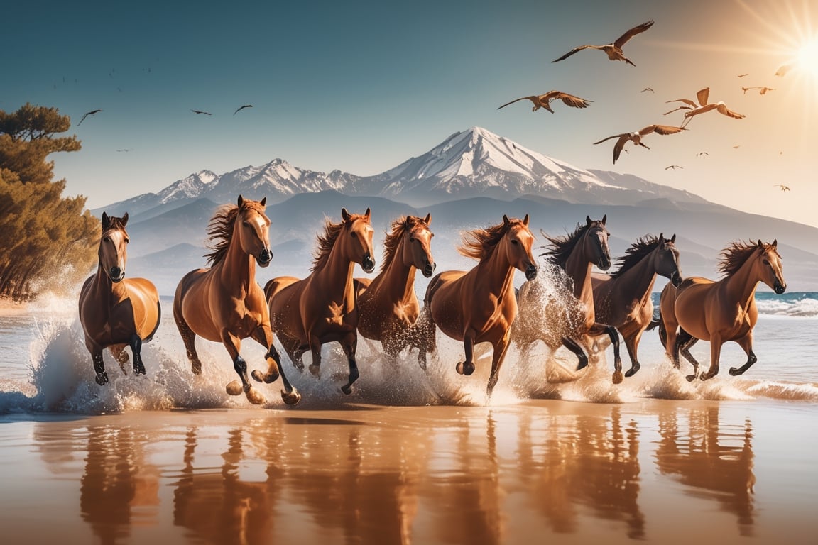 Seven horses runing from left in the water, high tide and splash of the water,  summer sky, orange sand in foreground, little seen mountain in background, sharpest image, 4k, HD, high reso, photographic and cinematic look, flying birds in rows, weird big tree on right side, sunlight coming from left to right