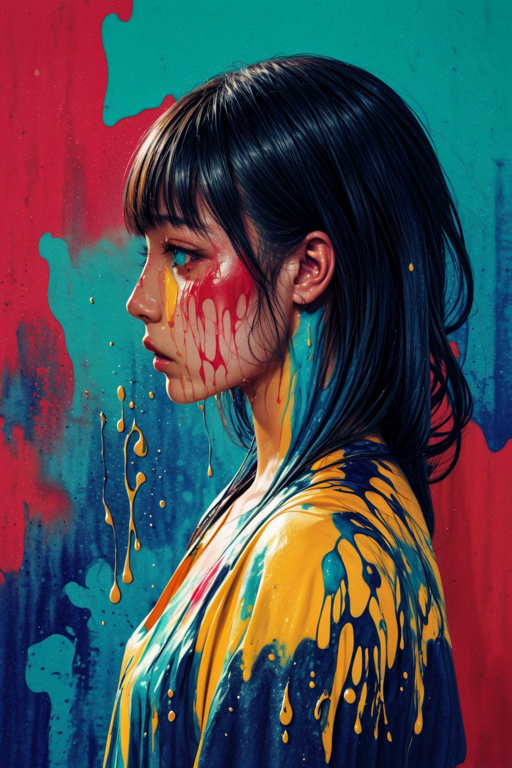 (profile picture),official art, unity 8k wallpaper, ultra detailed, beautiful and aesthetic, beautiful, masterpiece, best quality, cover art, chaos, , 1girl, japanese girl, longhair, black hair, bangs, hair on forehead, high quality, the most beautiful_divine form of chaos,chaotic energy, elegant, a brutalist designed,(red ink, blue ink, yellow ink, purpleink, green ink), ((front view)), face dripping, clothes dripping, ink dripping, (addnet weight 1:1.0), (double exposure), ink scenery,line painting,Paint_Style,col,watercolor,potcoll,(colorful),(paint splash background:1.5),(silhouette:1.2),(multi-colors:1.4),perfecteyes