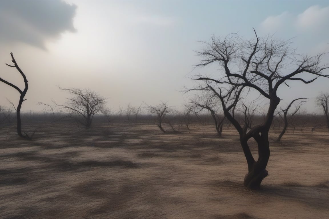 HD  photograph with panoramic view of deserted land in India with lot of big completely dried black trees with only few branches and no leaves, cloudy sky and white soil., 4K, cinematic look, HD, detailed, sharp, photorealistic
