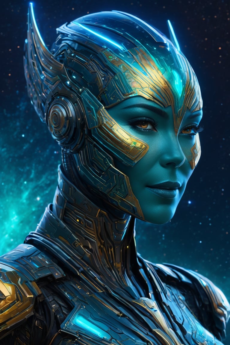 impossibly beautiful portrait of nebula (Guardian of the galaxy) in which the Irish is made of an thin arrangement of strands of metal, nanotechnology, which forms a high-tech electronic circuit, and the head is made of a robotic sensor, teal and gold, insane smile, intricate complexity, surreal horror, inverted neon rainbow drip paint, trending on art station, photoreal, 8 k, octane render by greg , starry night background, rutkowski,cyborg style, fantasy look, photognic n cinematic look