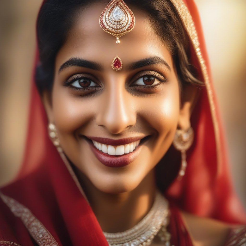 A beautiful Indian woman wearing a red white headscarf, a diamond nose ring, and gold n diamond jewelry smiles shyly. [portrait, photorealistic, soft focus, warm colors], 16K, hyper photorealistic, sharp in all respect
