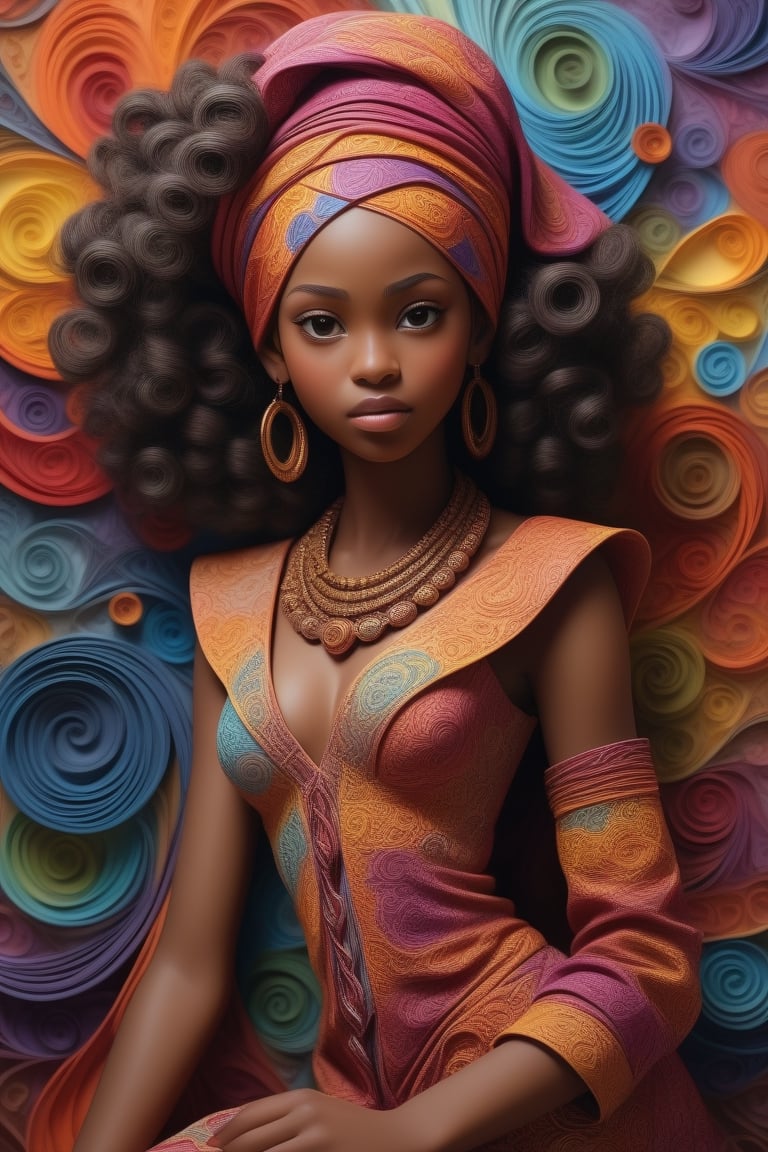 Fractal desing, paper layering and quilling techniques, beautiful african 16 years girl, coverred in Muslim clothes and tranformed into flowing streams of batik and colorful shapes, antomical correct, hyperdetailed, hyperrealistic, hdr, 3d, sharp, HDR, one third figure,<lora:659095807385103906:1.0>