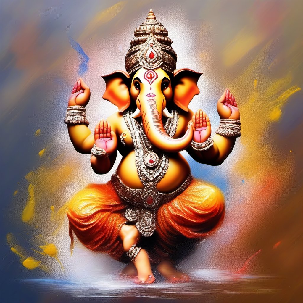 Create an image of a dancing Indian God Ganapathy with impasto painting with impressionist brush stroke background and leaking paints,3D, hyper realistic, photorealistic, 3D, 16K 
