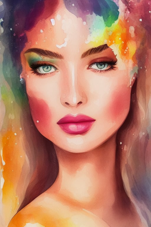 Colorful beautiful woman, a woman 18-years old, multiple colors messy hair, watercolor, nice perfect face, multiple colors, intricate detail, splash screen, 8k resolution, masterpiece, cute face, art station digital painting smooth very black ink flow, 8k resolution photorealistic masterpiece, intricately detailed fluid gouache painting, calligraphy, acrylic, watercolor art, professional photography, natural lighting, volumetric lighting maximalist, complex, elegant, expansive, fantastical, inkling girl, oval face, sharp eyes, curli thick hair