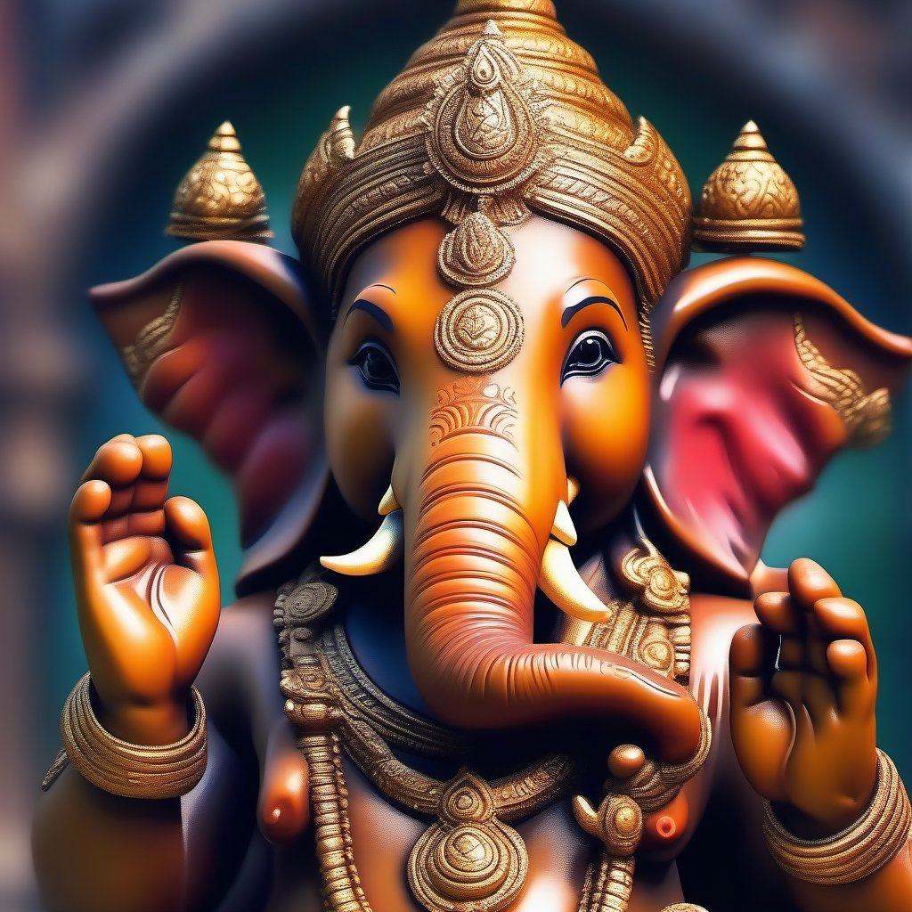 Share a visually abstract or surreal image, intriguing or visually captivating image with impasto paint, such as Indian God Ganesh in dancing pose, closeup  view, wide shot, camera shot, 316K, sharply detailed and sharp eyes, 3D, hyper realistic, color leaks
