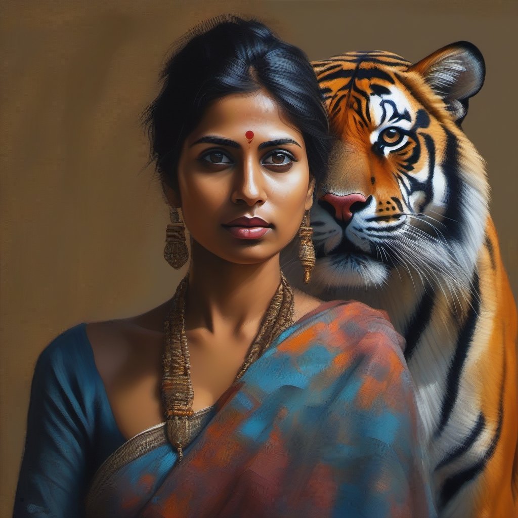  highly detailed digital impasto painting, aphotorealistic painting od an Indian woman with a tiger on her shoulder behind her head, artgem, art photography, hyper sharp,