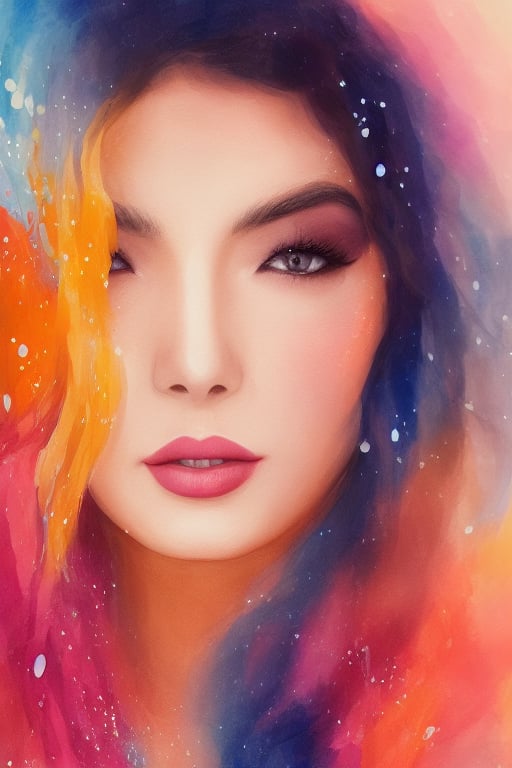 Colorful beautiful woman, a woman 18-years old, multiple colors messy hair, watercolor, nice perfect face, multiple colors, intricate detail, splash screen, 8k resolution, masterpiece, cute face, art station digital painting smooth very black ink flow, 8k resolution photorealistic masterpiece, intricately detailed fluid gouache painting, calligraphy, acrylic, watercolor art, professional photography, natural lighting, volumetric lighting maximalist, complex, elegant, expansive, fantastical, inkling girl, oval face, sharp eyes, curli thick hair, bright and vibrant colors, oval face , sharp blue eyes