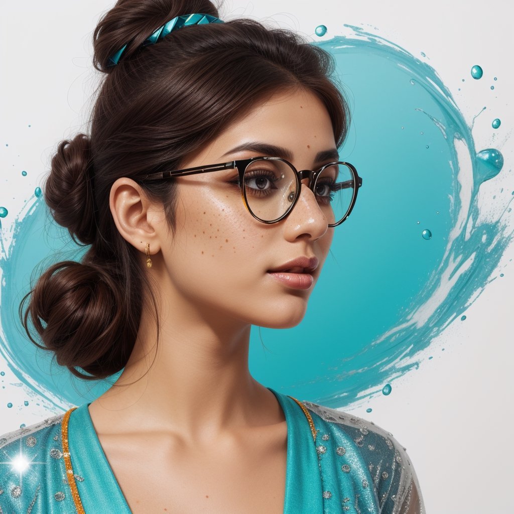 Art nouveau, sparkling spots n splashes, black glitter, pretty Indian woman with black auburn hair in undone bun with hanging curls, freckles,  heart shaped glasses, casual outfit, airbrush painting, black lines, an old labels, bright n sparkling colors, yellow, blue, white, orange and turquoise, 3D, hyper photorealistic, sharp n detailed
