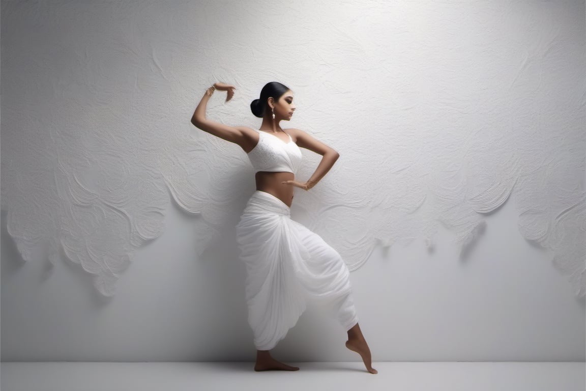 artistic bright white wall, akin to a perfectly smooth 10'X10' wall of paper full of sensual Indian female Dance poses full body wall , 4K, cinematic look, HD, detailed, sharp, photorealistic
