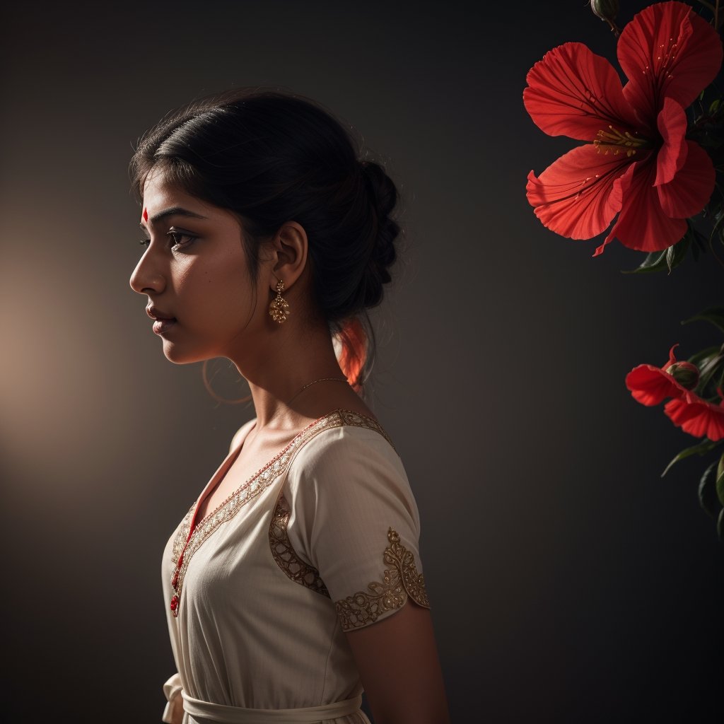 Create a side view of Indian woman face in a flowing dress made of intricately designed red white hibiscus flowers troubled mood, dark colored hazy background with a streak of orange light  coming in front from the back and glowing side face, 3d, intricate, sharp, photo realistic, 16K
