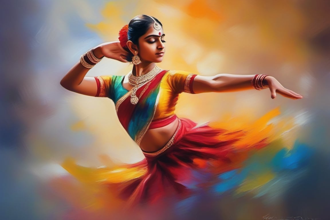 Capture the grace and vibrancy of a teenage Indian classical dancer in the midst of a captivating performance through a mesmerizing oil painting, impressionist, color leak, 4K, cinematic look, HD, detailed, sharp, photorealistic
