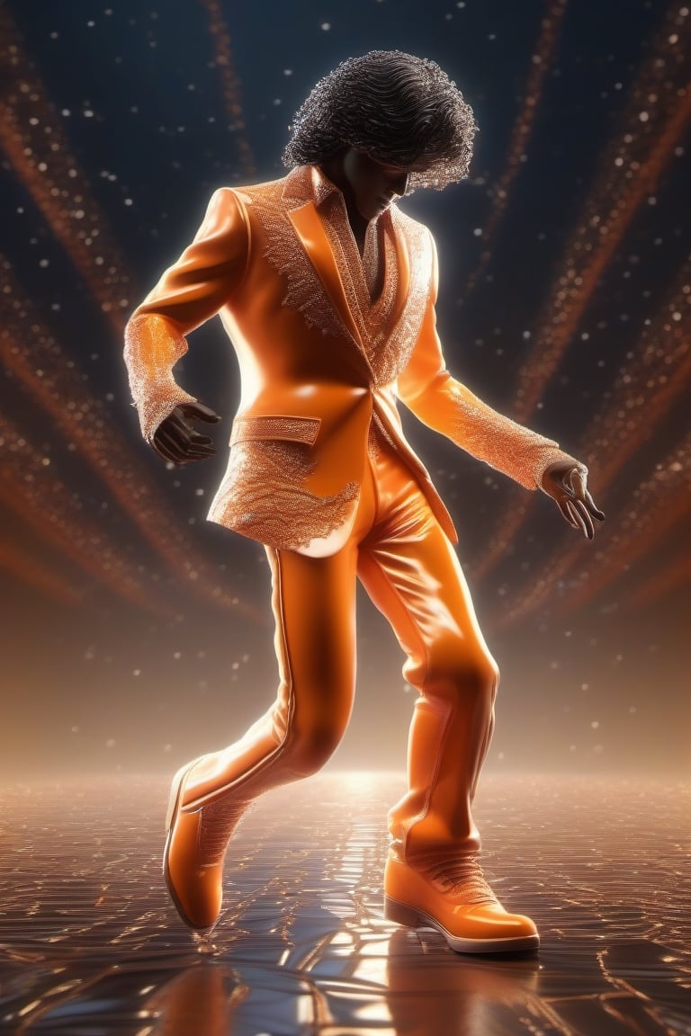 Liquid ingradients, condensed milk white and brown, orange syrup, tomato sause and salted soya sauce, create a masterpiece that depicts the king of pop doing the moonwalk. In batic fractal, hyper detailed, octane render, 16k, sharp, photorealistic.