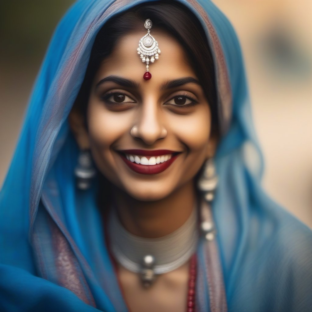 A beautiful Indian woman wearing a blue headscarf, a red nose ring, and silver jewelry smiles shyly. [portrait, photorealistic, soft focus, warm colors]
