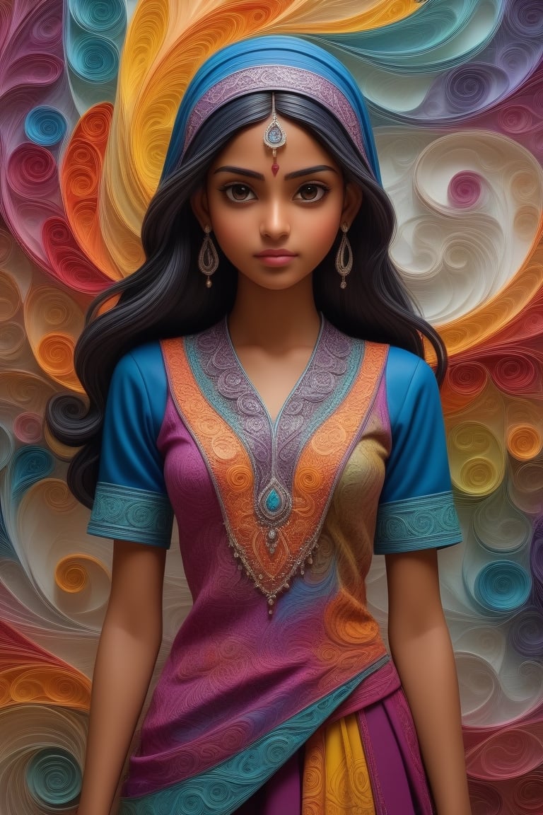 Fractal desing, paper layering and quilling techniques, beautiful Indian 16 years girl, coverred in Muslim clothes and tranformed into flowing streams of batik and colorful shapes, antomical correct, hyperdetailed, hyperrealistic, hdr, 3d, sharp, HDR, one third figure,<lora:659095807385103906:1.0>