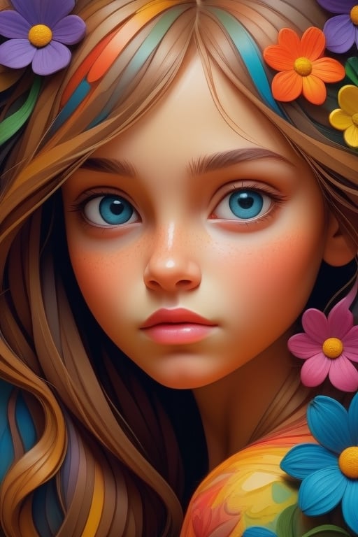 Create an image of a young girl face with long hair, masterpiece, top quality, extremely detailed, colorful vibrant color, flowers, in the sytle of colored zentagnel and filigrees highest detailed abstract background, impasto paint. 3D, HDR, impressionist style,<lora:659095807385103906:1.0>