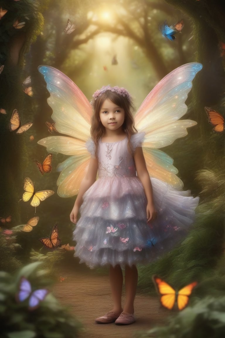 Fantastical scene of a little girl with fairy wings, surrounded by butterflies and a small bird. The girl is wearing a detailed, layered dress amd os sottomg pm tje ground amidst foliage. The girl has large, detailed fairy wings with intricate. 3D, HDR