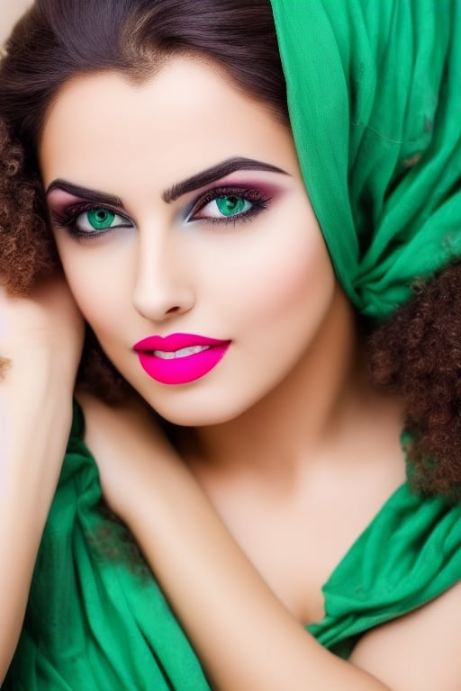 Beautiful young Iranian Muslim girl with curly hair, colored face, sharp blue eyes, light orange lips, HD quality, high resolution, painted face, one third attractive figure, green n white dupatta, side face, cinematic look, photographic quality, tatoo on face