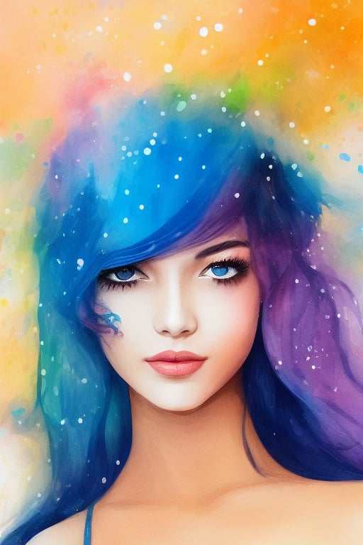 Colorful beautiful girl, a sexy girl 18-years old, multiple colors messy hair, watercolor, nice perfect face, multiple colors, intricate detail, splash screen, 8k resolution, masterpiece, cute face, art station digital painting smooth very black ink flow, 8k resolution photorealistic masterpiece, intricately detailed fluid gouache painting, calligraphy, acrylic, watercolor art, professional photography, natural lighting, volumetric lighting maximalist, complex, elegant, expansive, fantastical, inkling girl, oval face, sharp eyes, curli thick hair, bright and vibrant colors, oval face , sharp blue eyes