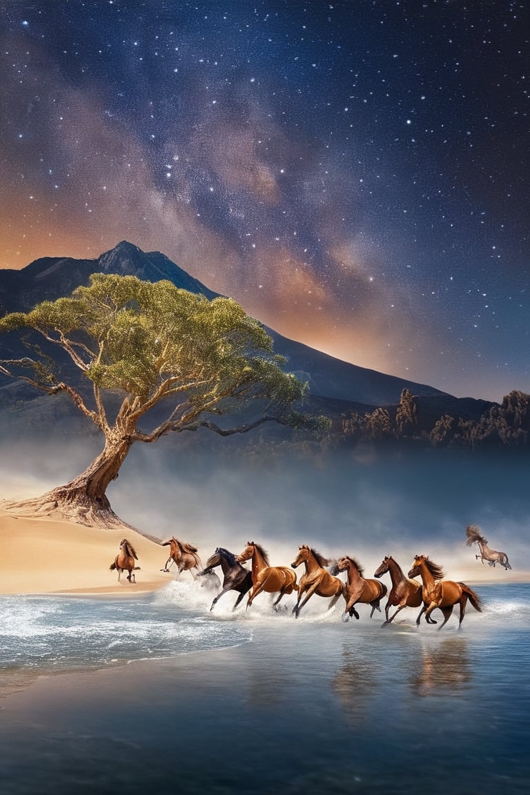 Seven horses runing from left in the water, high tide and splash of the water, starry skies, summer sky, orange sand in foreground, little seen mountain in background, sharpest image, 4k, HD, high reso, photographic and cinematic look, flying birds in rows, weird big tree on right side, sunlight coming from left to right