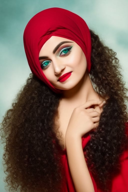 Beautiful young Afghanian Muslim girl with curly hair, sharp blue eyes, red lips, HD quality, high resolution, painted face, one third attractive figure, green n white dupatta, side face, cinematic look, photographic quality, tatoo on face